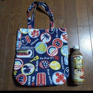 ハワイ トートバッグ ネイビー ロゴ ハイビスカス