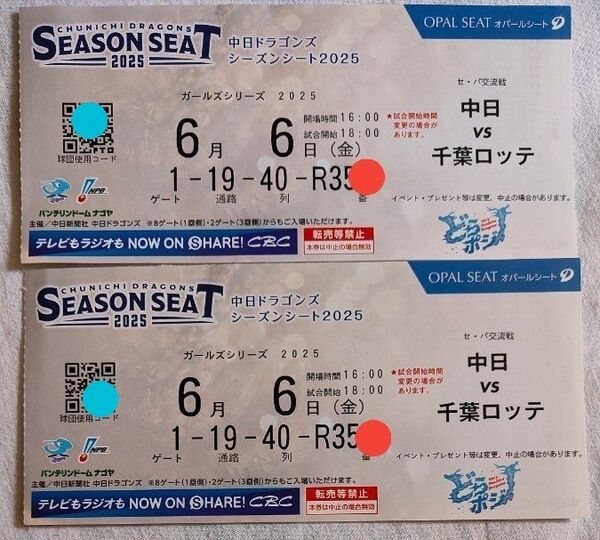 中日vs千葉ロッテ 6月6日 バンテリンドームナゴヤ オパールシート