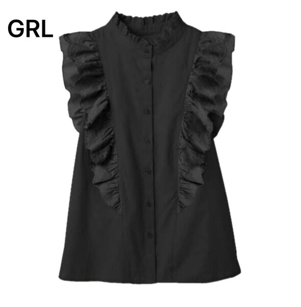 GRL グレイル フリル ノースリーブシャツ ブラック ブラウス
