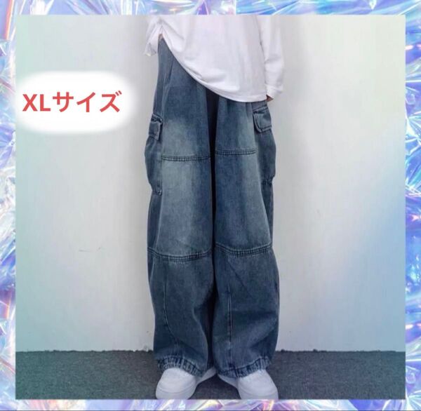デニムジーパンオールシーズン ワイドパンツブルーメンズ レディースXL
