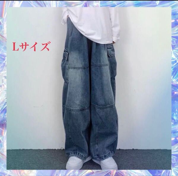 デニムジーパンオールシーズン ワイドパンツブルーメンズ レディースL