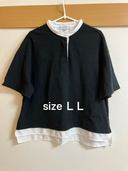 シーズンリーズン バンドカラー風 半袖プルオーバーシャツ 黒×白 size LL