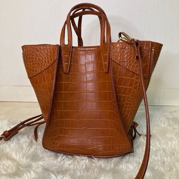2WAY ショルダーバッグ フェイクレザー クロコダイル風 ハンドバッグ ブラウン