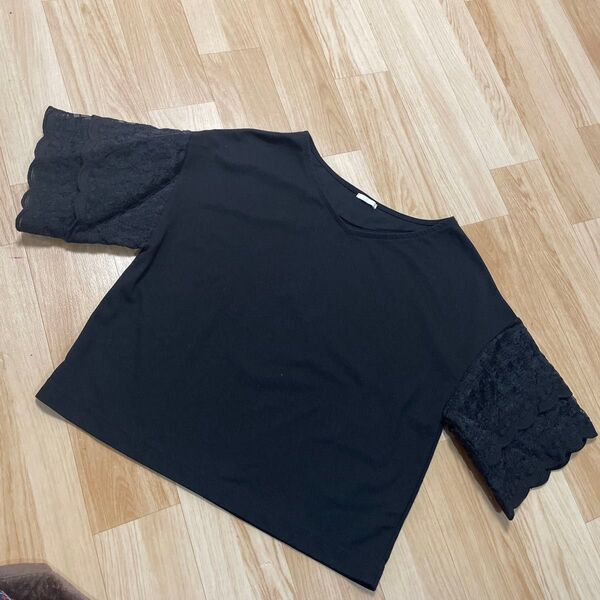 GUシフォンレース袖 半袖カットソー Tシャツ ブラックXL