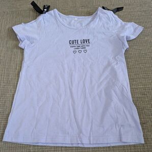 薄紫 半袖Tシャツ 肩リボン