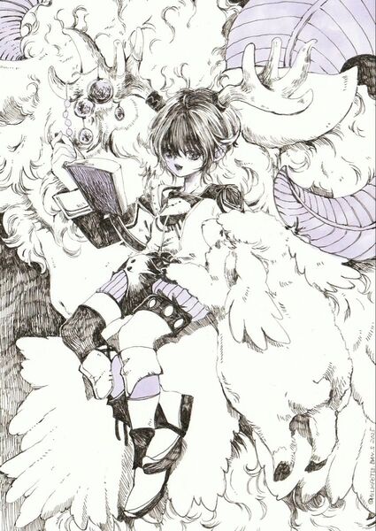 手描きイラスト オリジナル ペン画 ◇月読羊◇ 角っ子 少女