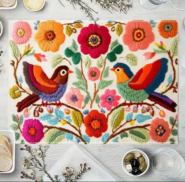 未使用 南米雑貨 メキシコ ランチョンマット リネン 3Dプリント 2枚セット 鳥