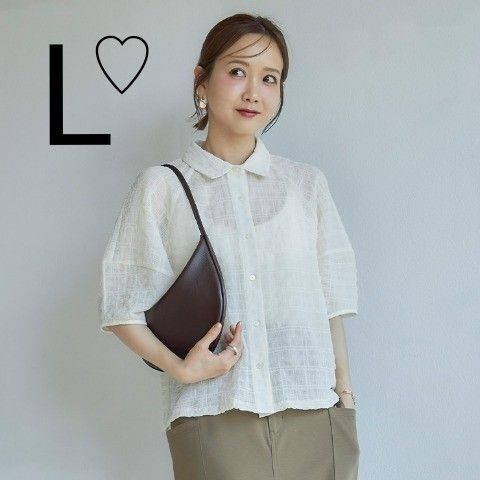 しまむら mysacloset 田中里奈 パフ袖 ブラウス L ホワイト 白 シアー チェック柄