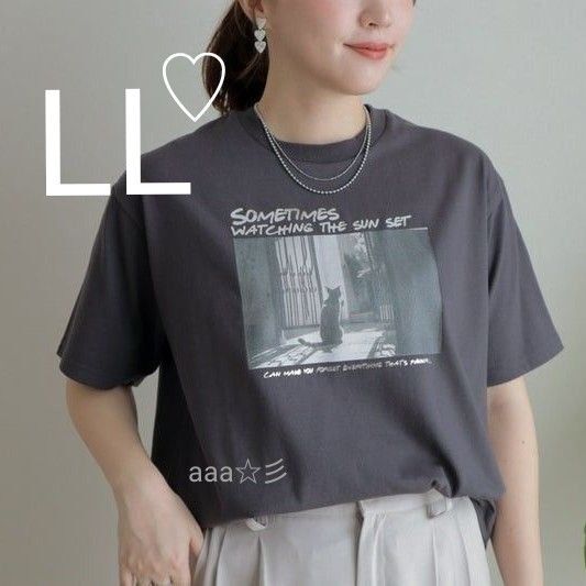 新品 しまむら tera omi 吸水速乾 箔プリント Tシャツ LLサイズ ダークグレー 半袖 猫