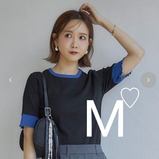 しまむら mysacloset 田中里奈 テレコ配色プルオーバー М 青 黒 Tシャツ