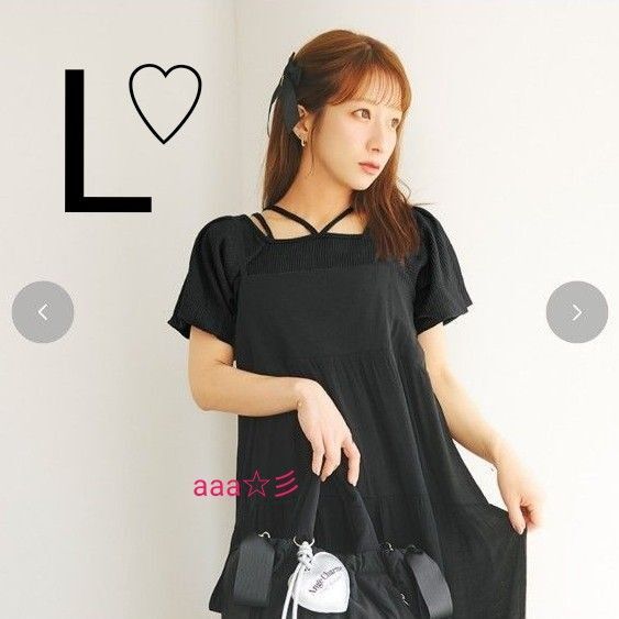 しまむら 辻希美 アンジュシャルム ワッフル バルーン袖 プルオーバー L ブラック 黒 カットソー Tシャツ 半袖 トップス