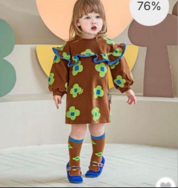 ピンポロ ワンピース 100cm 韓国 韓国子供服 スウェット 花柄 フリル ブラウン