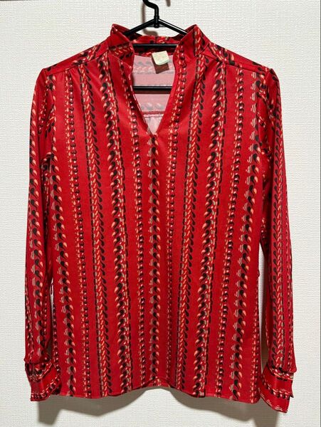 メンズ 昭和 レトロ シャツ 長袖 S〜M程度 赤系 柄シャツ プルダウン Used ヴィンテージ レッド 古着 ポリシャツ