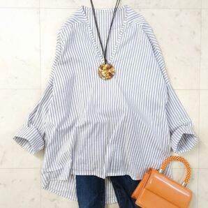 美品♪ アンティカ ブルーストライプ オーバーブラウス チュニック ポケット