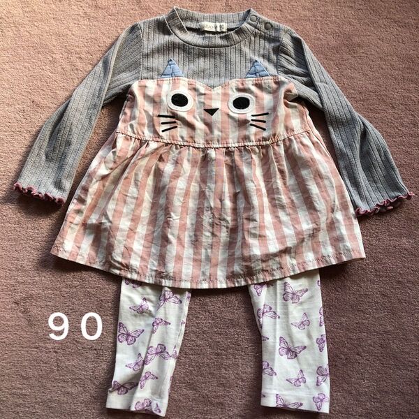 女の子 90 トップス レギンス セット ネコ 蝶々 女児 猫 長袖 蝶々 チェック ピンク グレー