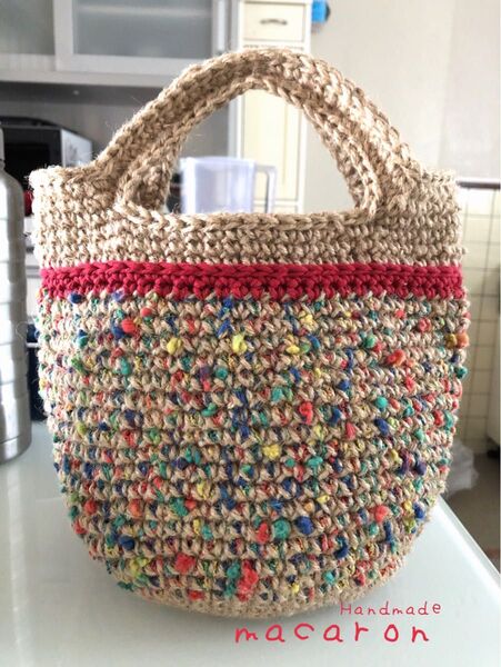 ハンドメイド|麻ひもバッグ|麻紐バッグ|マルシェバッグ|レッドライン ぽこぽこカラフル