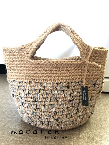 ハンドメイド|麻ひもバッグ|麻紐バッグ|ぽこぽこモノトーン|トートバッグ
