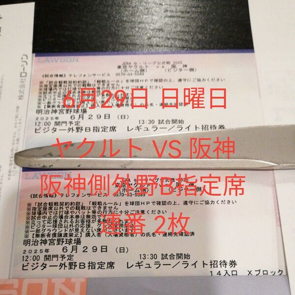 6月29日 日曜日 ヤクルト VS 阪神 阪神側 外野 B 指定席 連番 2枚 神宮球場 チケット 招待券
