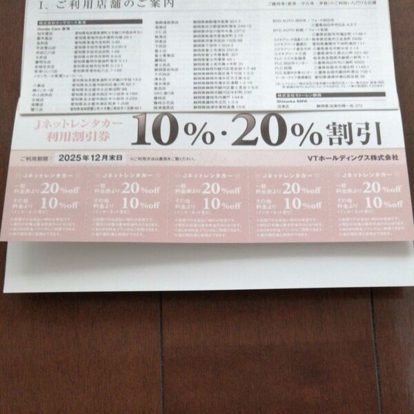 jネットレンタカー利用割引券 10%オフ もしくは20%オフ 5枚セット 2025年12月末 有効期限