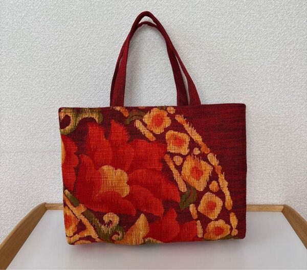 ハンドメイド トートバッグ 花柄 レッド系 着物帯リメイク