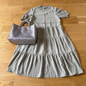 >ティアードワンピース グリーン + 手提げバックA4サイズ ※どちらもolive de olive