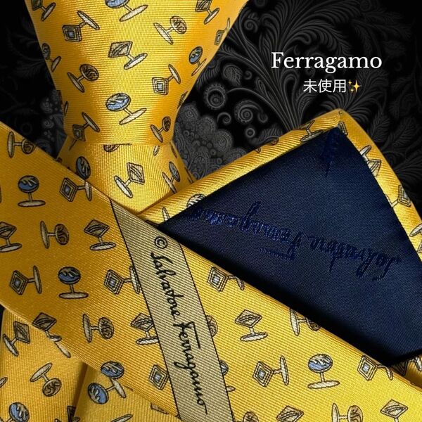 Ferragamo フェラガモ ネクタイ イエロー カフリンクス柄 イタリア製