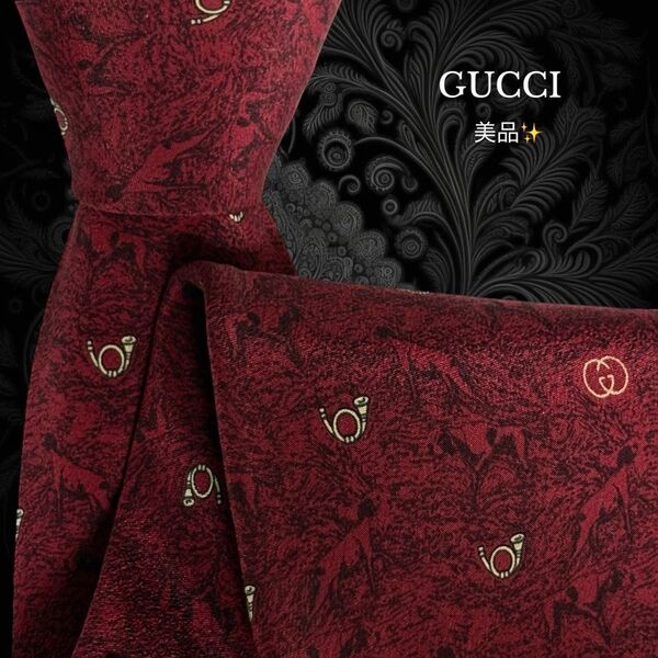 GUCCI オールドグッチ ネクタイ レッド系 楽器 GGロゴ 総柄 イタリア製