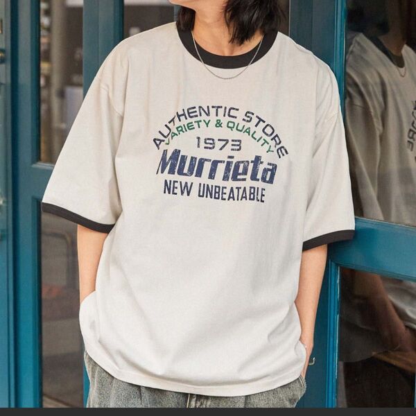 ヴィンテージライクロゴデザイン ビッグシルエットリンガー半袖Tシャツ