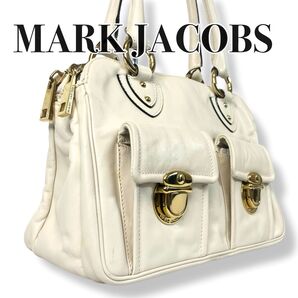【美品】MARKJACOBS マークジェイコブス ハンドバッグ 本革 レザー ホワイト 横長タイプ ゴールド ririファスナー