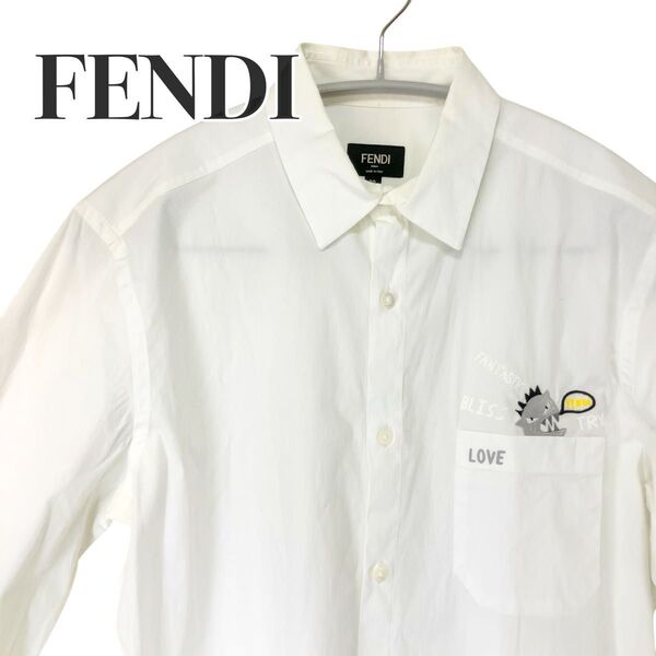 【美品】FENDIフェンディ 長袖シャツ39 コットン ポリウレタン バグズアイ ホワイト 長袖シャツ おしゃれ キャラ