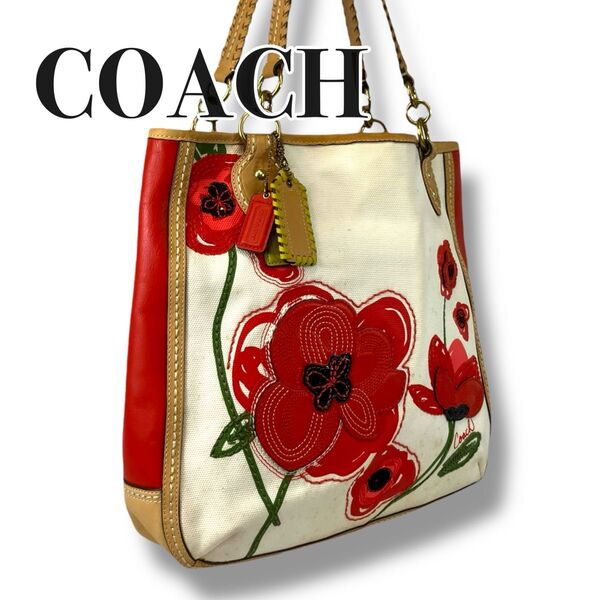 Rere COACH 22479 Poppy Canvas Tote トートバッグ レザー コーチ ポピー柄 レア物 角スレなし