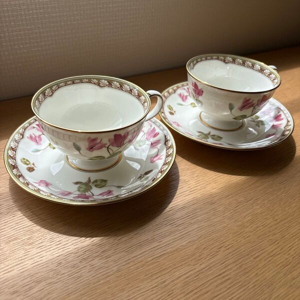 ノリタケ Noritake BORN CHINA シクラメンタッチ カップ&ソーサー 2客セット 美品 金縁 アンティーク 廃盤品
