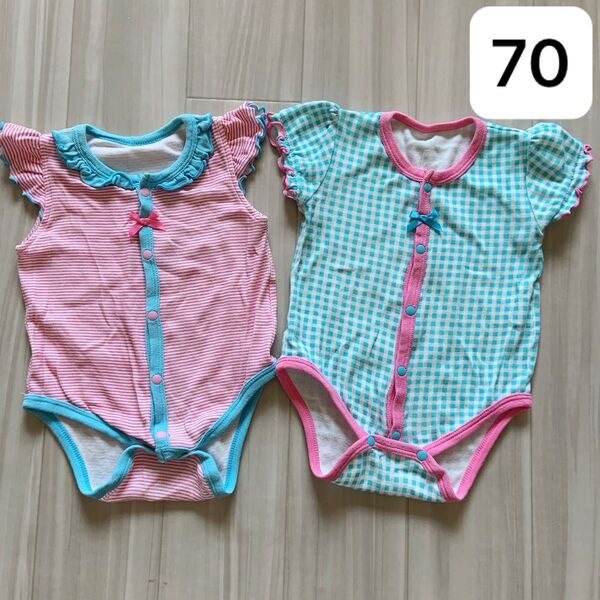 チャックルベビー ロンパース2つセット チェック ボーダー 水色 ピンク リボン フリル 半袖 夏 女の子 シャツ パジャマ 70