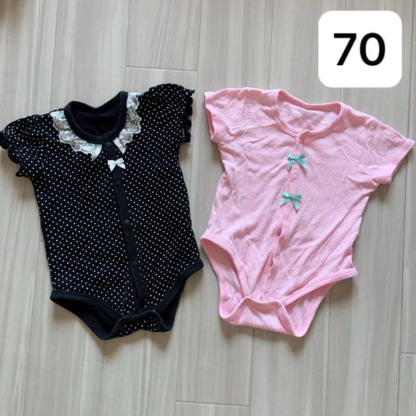 チャックルベビー 前開きロンパース2つセット 黒 ピンク ドット リボン フリル 半袖 夏 女の子 シャツ パジャマ 70