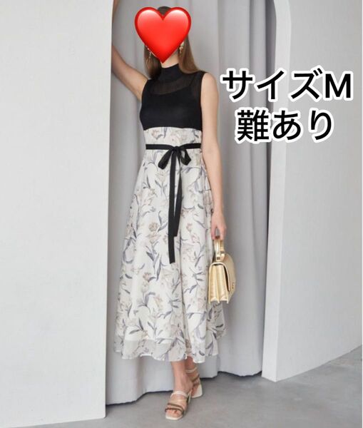 マーキュリーデュオ シアーノースリニット花柄ドッキングワンピース ブラック+ホワイト