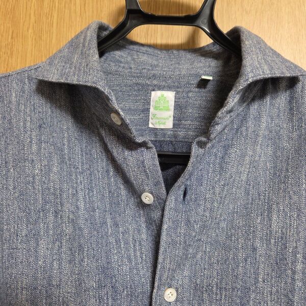 【美品】 Finamore フィナモレダークブルー デニム風 コットンシャツ