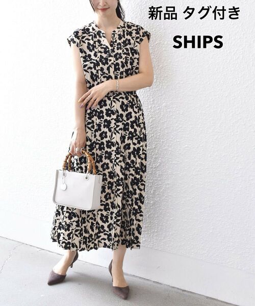新品 SHIPS ドット 花柄 サイド プリーツ フレンチスリーブ ワンピース