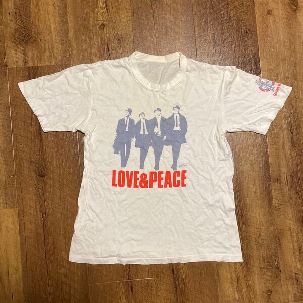 90s Beatles love&Peace bund 半袖Tシャツ 古着 白 Tシャツプリント ストリートシングルステッチM相当