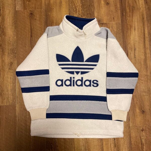 80s adidas originals デサント製 アディダス フリース 裏起毛トレーナートレフォイル白青刺繍ロゴメンズ L