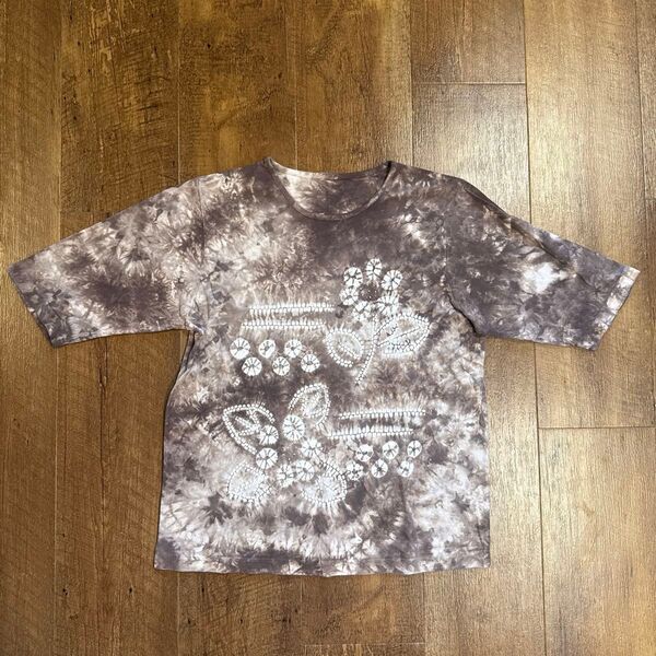 USA ブラウングラフィックタイダイ柄 半袖 Tシャツ 半袖Tシャツ カットソーボックスシルエット短丈インディアン M相当