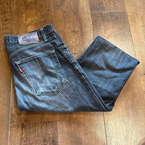 EDWIN503 デニムパンツ ジーンズ デニム 古着 ジーパン エドウィン ブラックデニム牛革パッチアメカジメンズw31