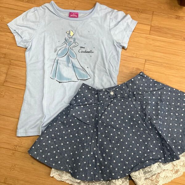 半袖Tシャツ スカートキュロット 140 中古品 女の子 ディズニー プリンセス シンデレラ