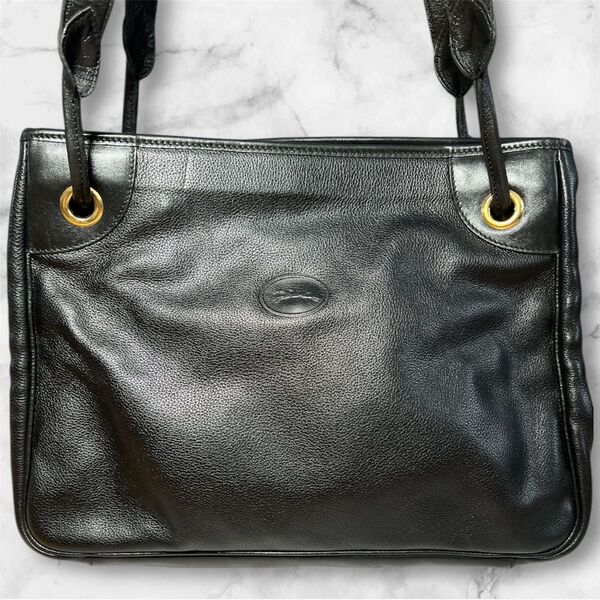 美品 レア ヴィンテージ ロンシャン LONGCHAMP レザーショルダーバッグ ブラック 本革 ロゴ入り ロエベ