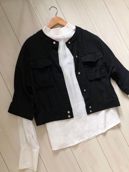 Boujeloud 七分袖 春夏 アウター ノーカラー 黒 M