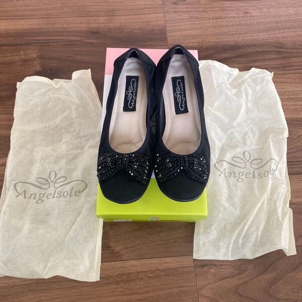Angelsole フラットシューズ ビジューリボン 黒 ブラック
