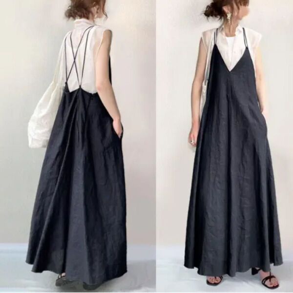 キャミワンピース ワンピース ロング サロペット Aライン ブラック