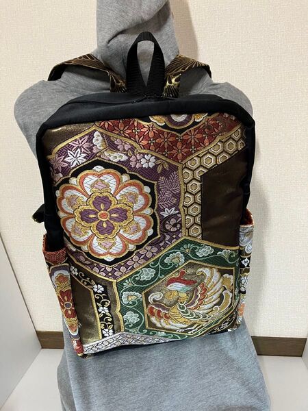 帯 リメイク リュックサック 大サイズサイドポケット付き 黒ー鳳凰