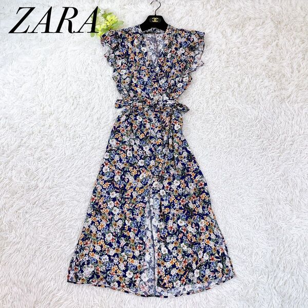 【美品】ザラ シャツワンピース S 花柄 フレンチスリーブ ベルト ロング
