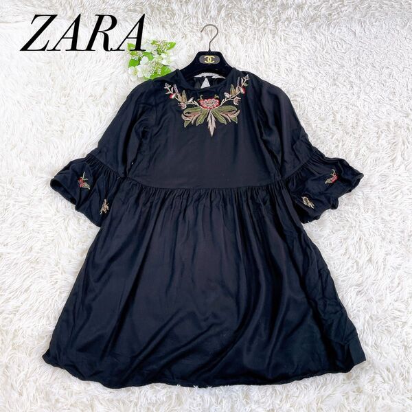 美品 ZARA ザラ 花柄刺繍 ブラウス ワンピース チュニック ブラック