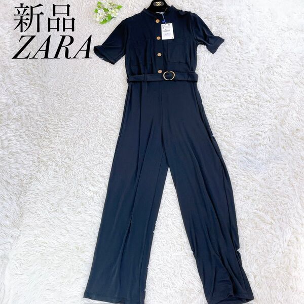 新品 タグ付き ザラ オールインワン パンツ 金ボタン 襟付き 半袖 切替ベルト